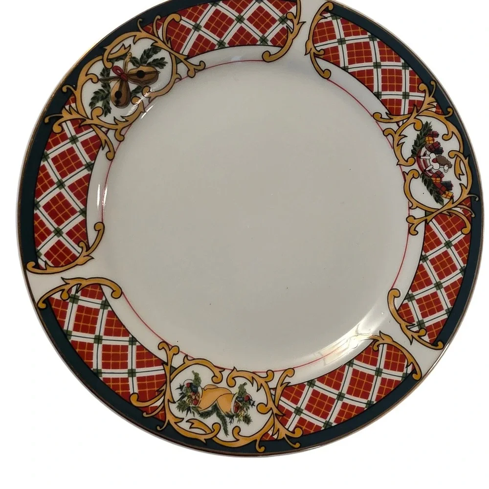 VTG Gibson China Windsor Christmas Salad Plates Set of 3 Gold Trim Holiday Plaid
